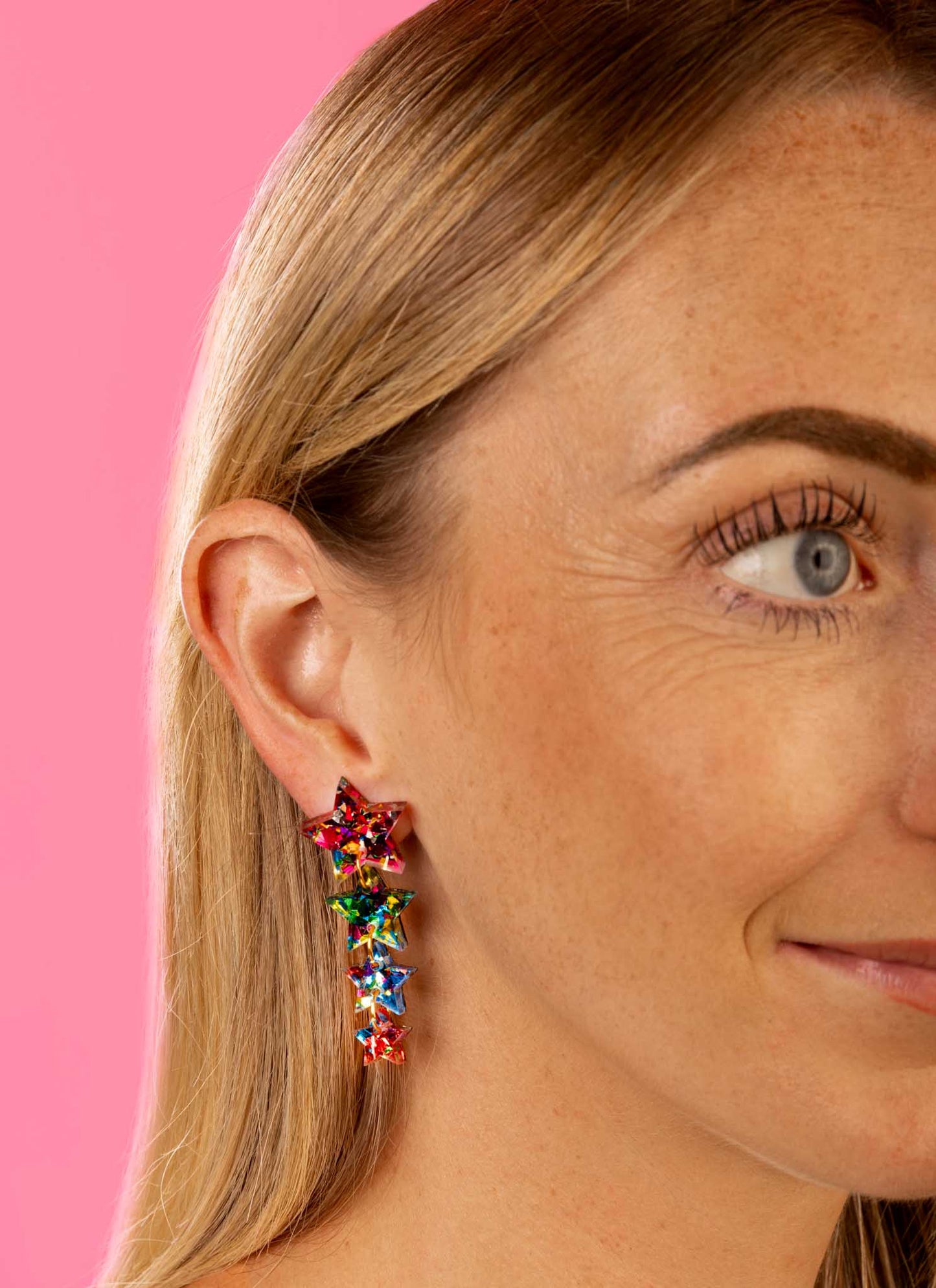 Pink, Green, Blue and Red Confetti Acrylic Star Quad Dangle Earrings – Hypoallergenic Stainless Steel