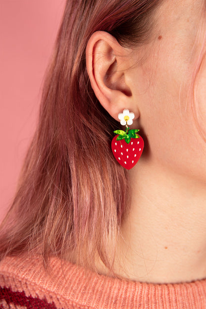 Green Glitter Marble and Red Gloss Acrylic Strawberry Flower Dangle Earrings – Hypoallergenic Stainless Steel