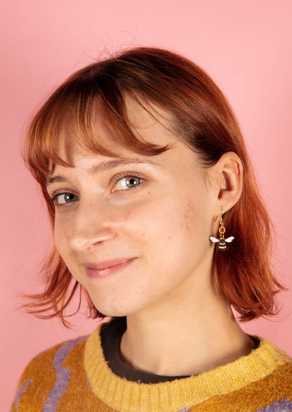 Small Gold Glitter and Iridescent Blue Acrylic Honey Bee Dangle Earrings or Necklace – Hypoallergenic Stainless Steel