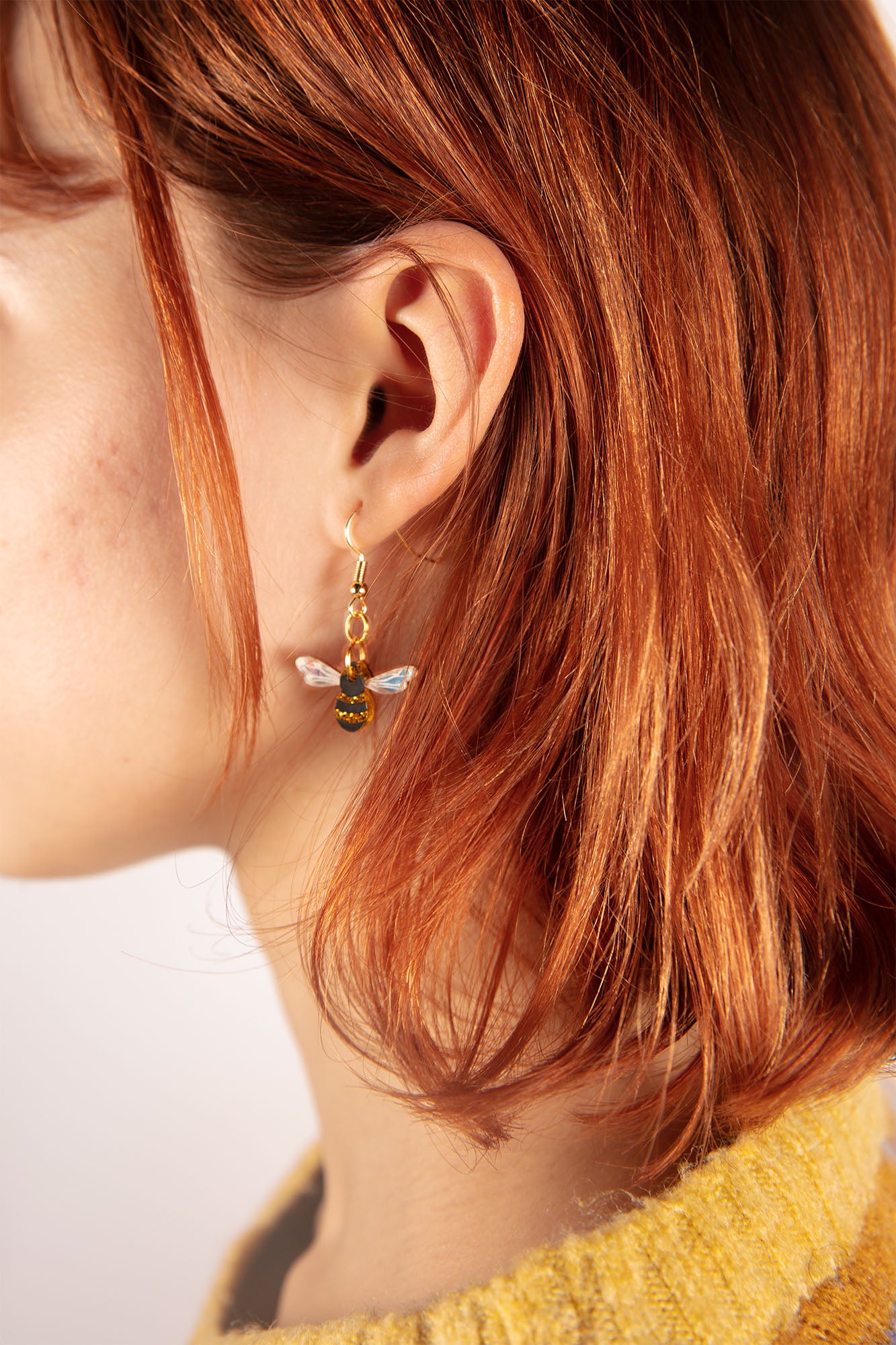 Small Gold Glitter and Iridescent Blue Acrylic Honey Bee Dangle Earrings