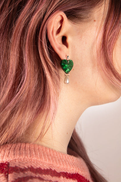 Emerald Marble Heart and Pearl Teardrop Acrylic Dangle Earrings or Necklace – Hypoallergenic Stainless Steel