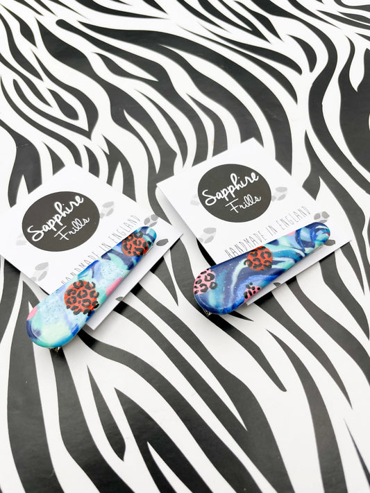 Aqua Marble, Coral and Pink Jungle Leopard Print Hair Clips from Sapphire Frills