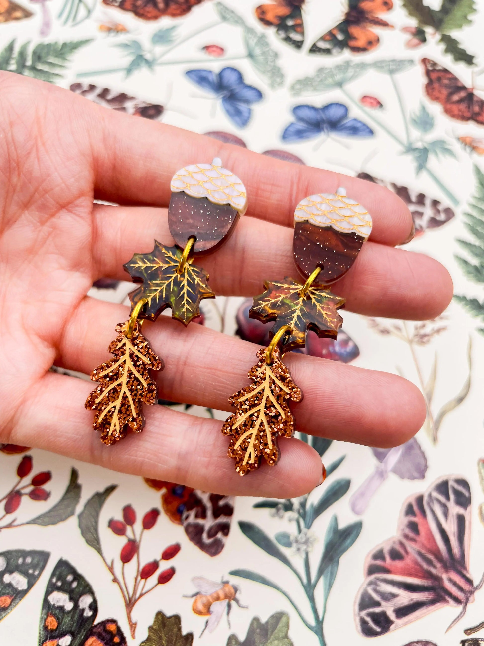 Autumn Marble and Copper Glitter Acrylic Acorn, Maple and Oak Leaf Dangle Earrings from Sapphire Frills