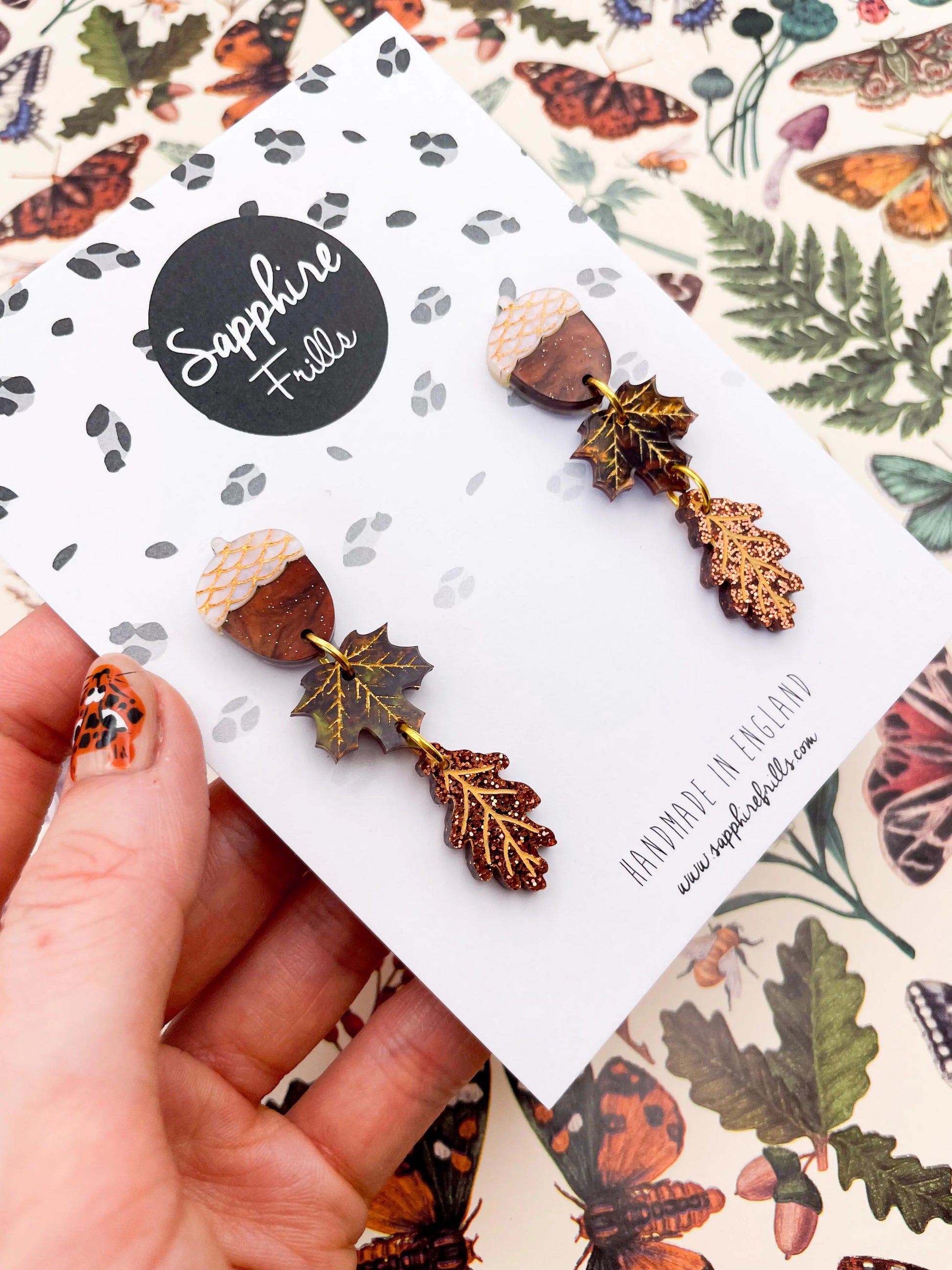 Autumn Marble and Copper Glitter Acrylic Acorn, Maple and Oak Leaf Dangle Earrings from Sapphire Frills