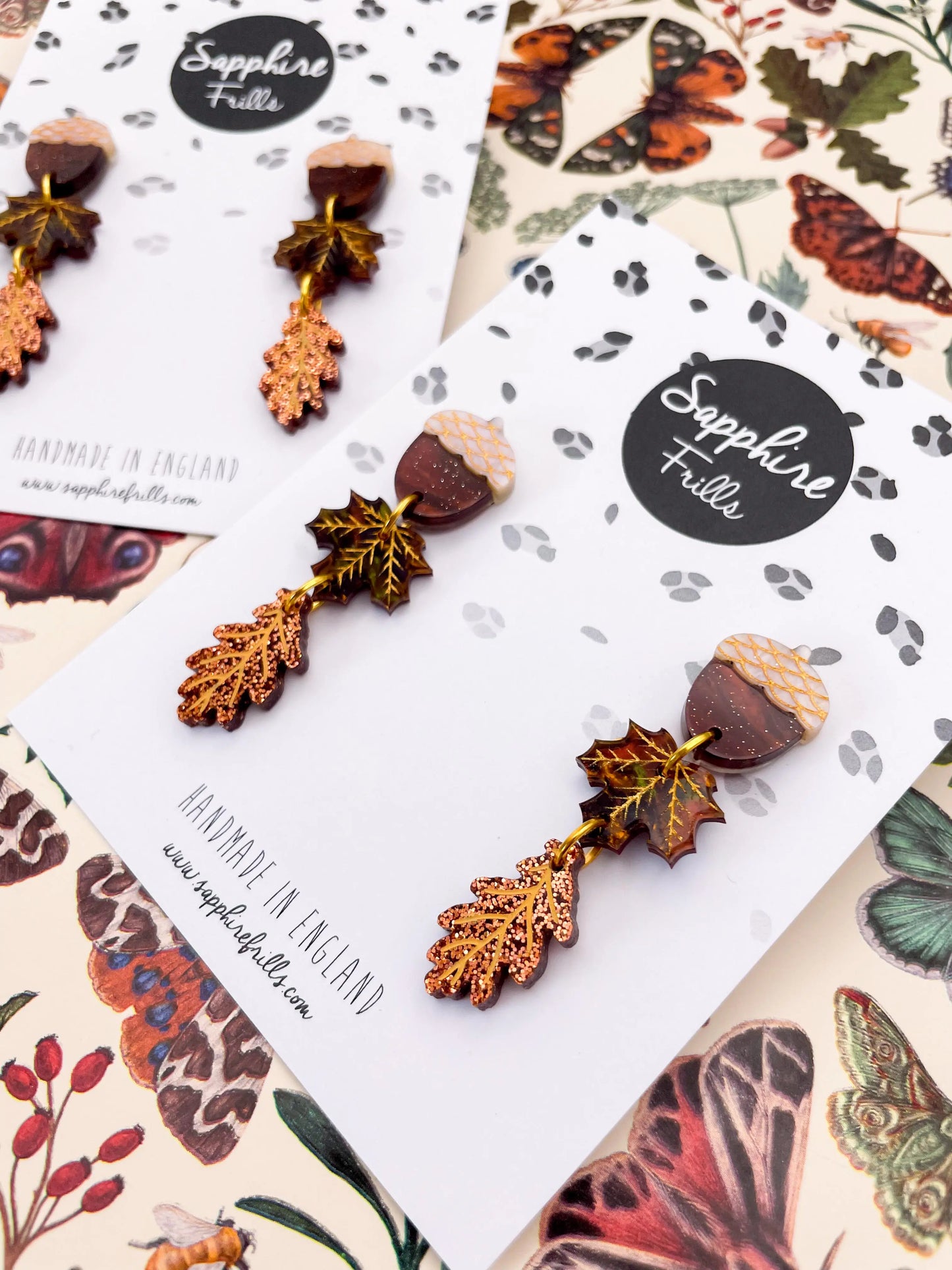 Autumn Marble and Copper Glitter Acrylic Acorn, Maple and Oak Leaf Dangle Earrings from Sapphire Frills