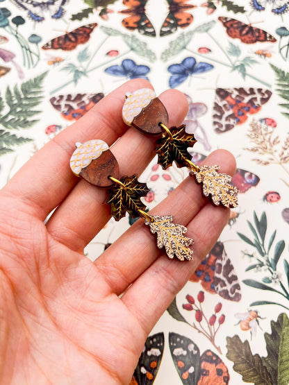 Autumn Marble and Copper Glitter Acrylic Acorn, Maple and Oak Leaf Dangle Earrings from Sapphire Frills