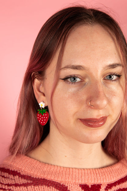 Green Glitter Marble and Red Gloss Acrylic Strawberry Flower Dangle Earrings – Hypoallergenic Stainless Steel