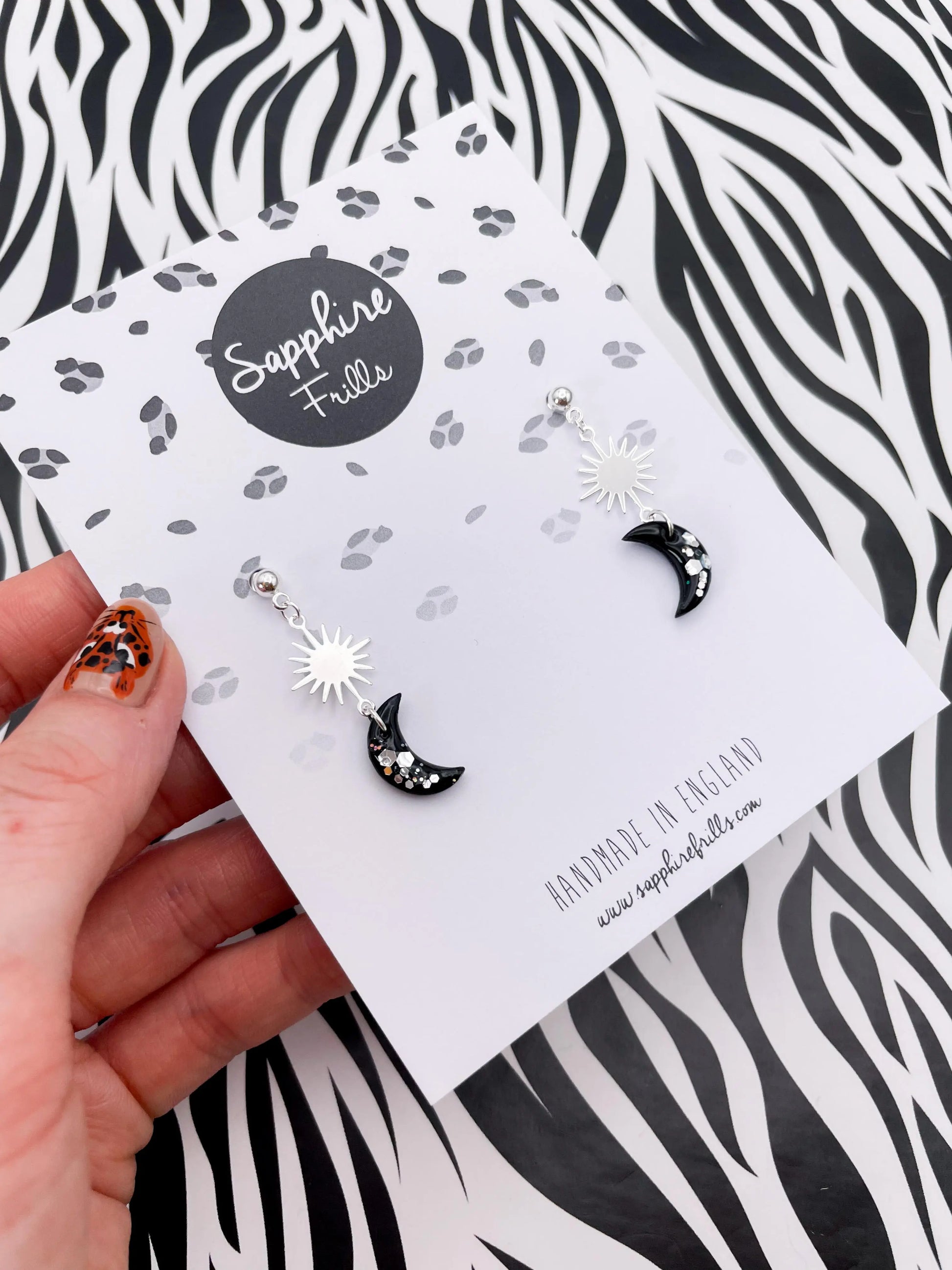 Black and Silver Star, Sun and Moon Sequin Dangle Earrings from Sapphire Frills