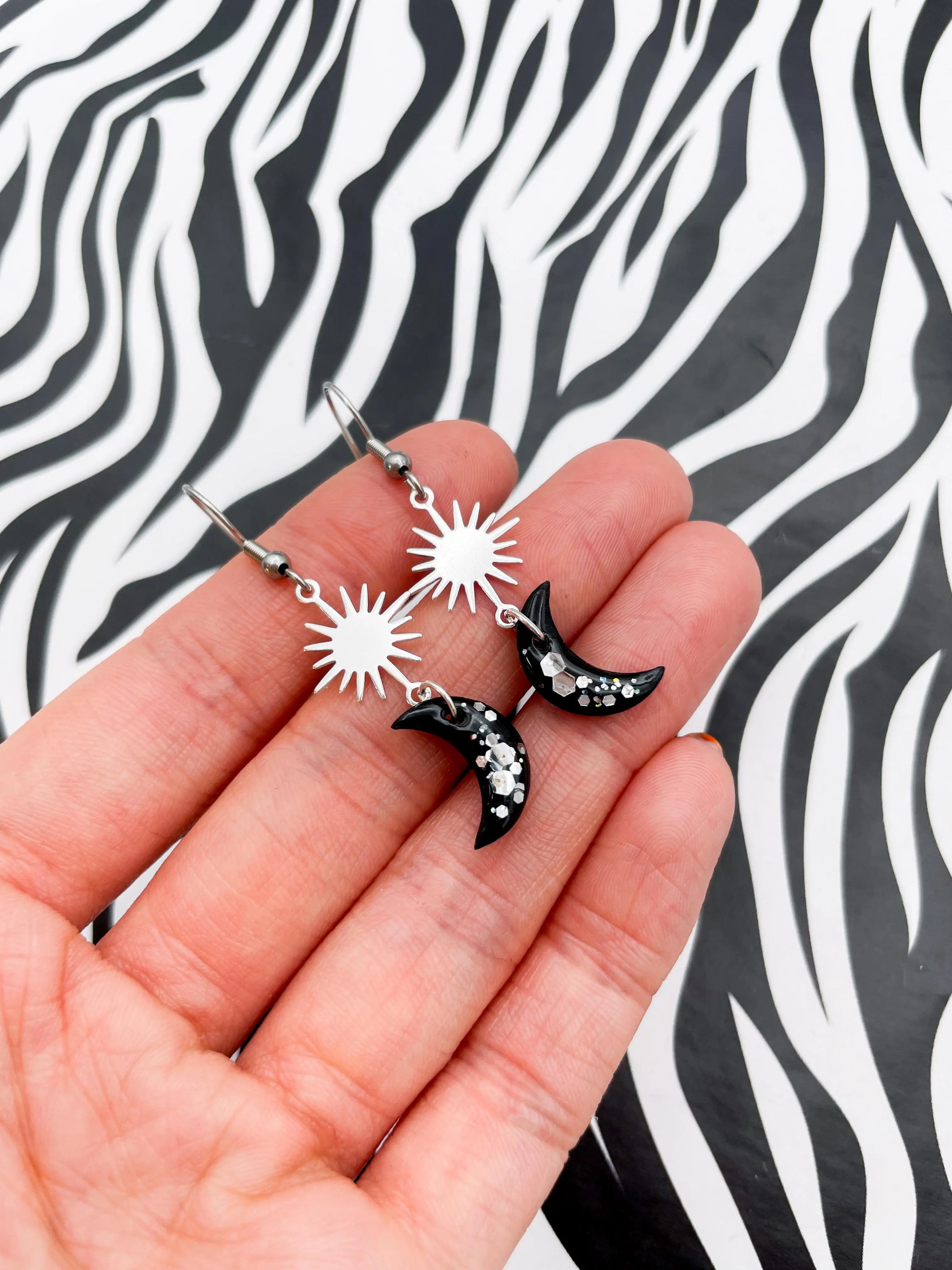 Black and Silver Star, Sun and Moon Sequin Dangle Earrings from Sapphire Frills