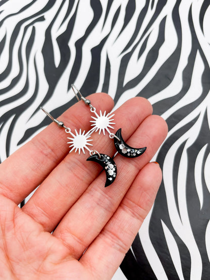 Black and Silver Star, Sun and Moon Sequin Dangle Earrings from Sapphire Frills