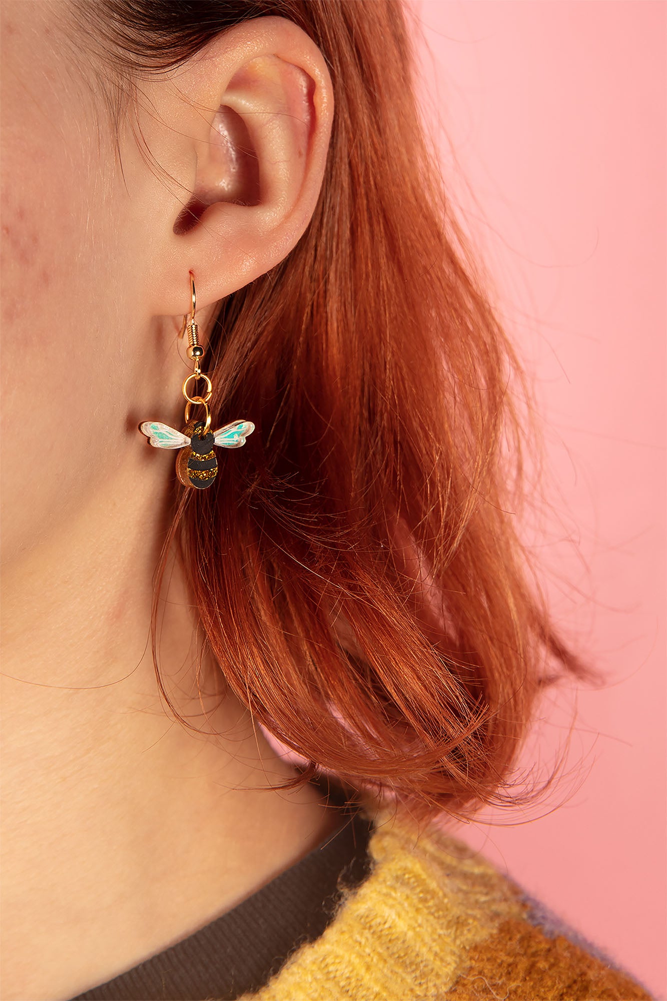 Small Gold Glitter and Iridescent Blue Acrylic Honey Bee Dangle Earrings