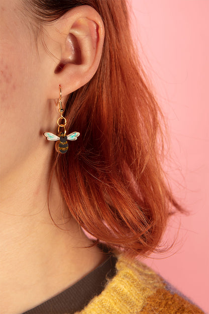 Small Gold Glitter and Iridescent Blue Acrylic Honey Bee Dangle Earrings or Necklace – Hypoallergenic Stainless Steel