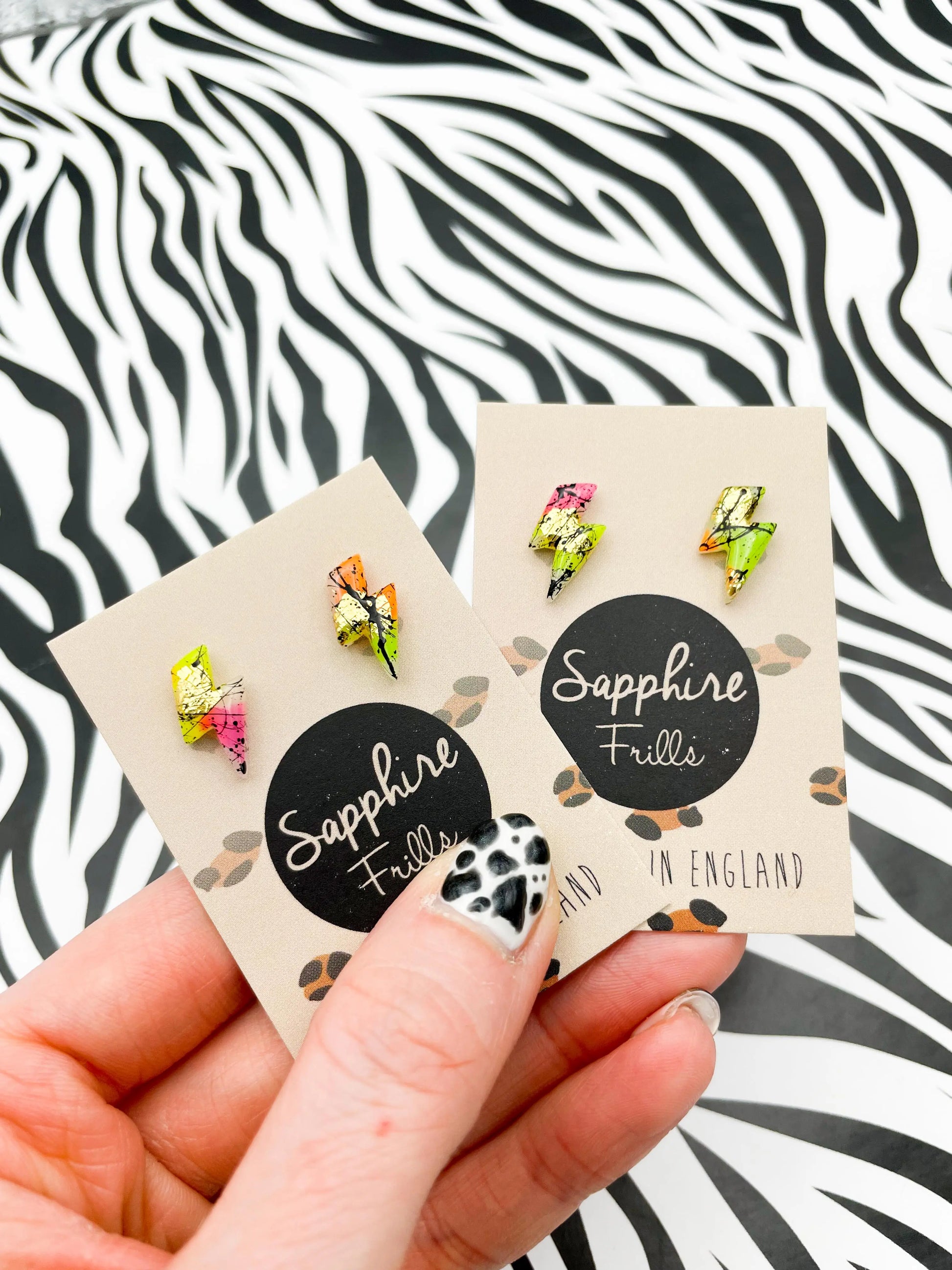 Copy of Mini Green Jungle Leopard Marble Lightning Bolt Stud Earrings from Sapphire Frills