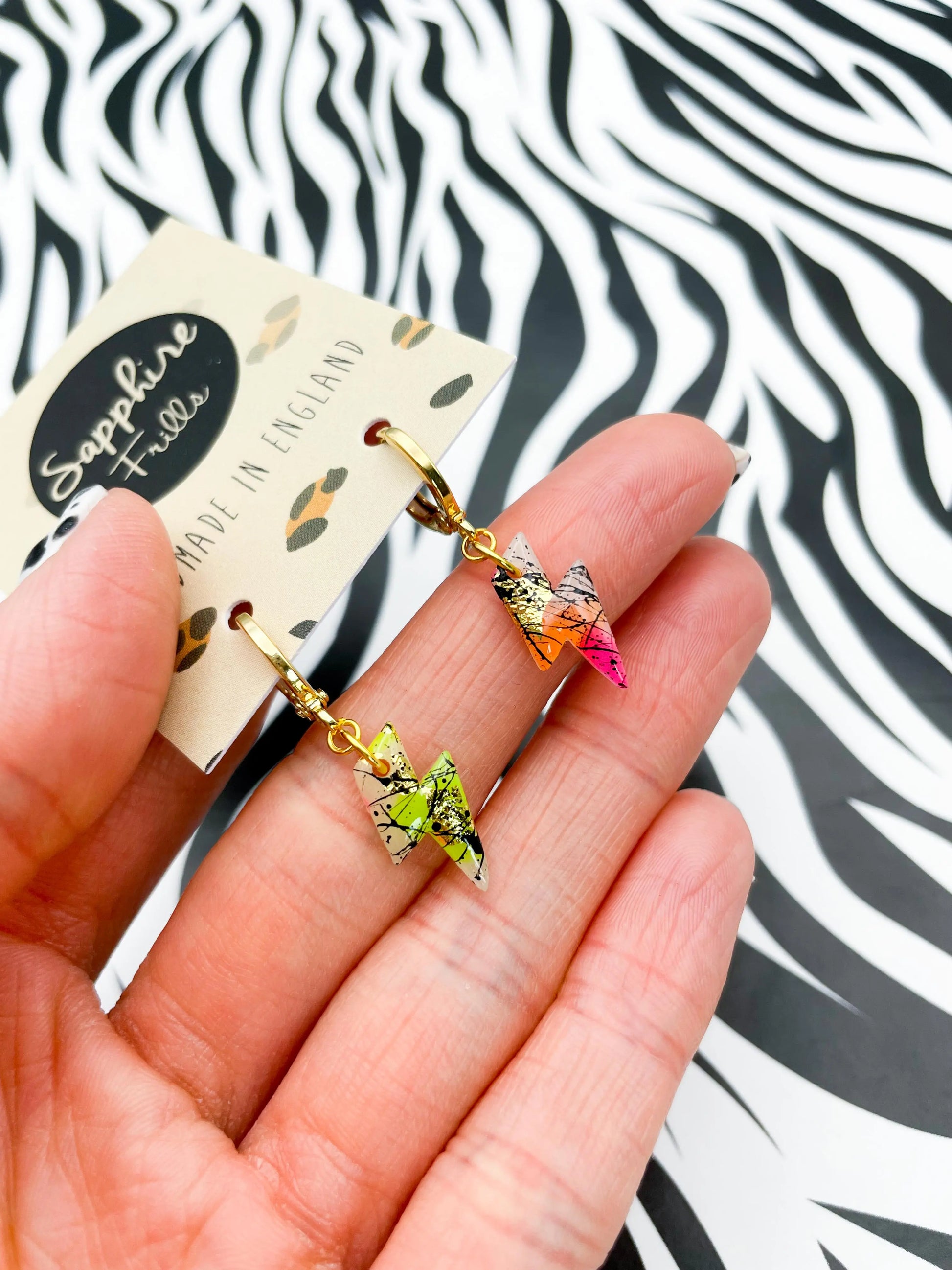 Copy of Mini Green Jungle Leopard Marble Lightning Bolt Stud Earrings from Sapphire Frills