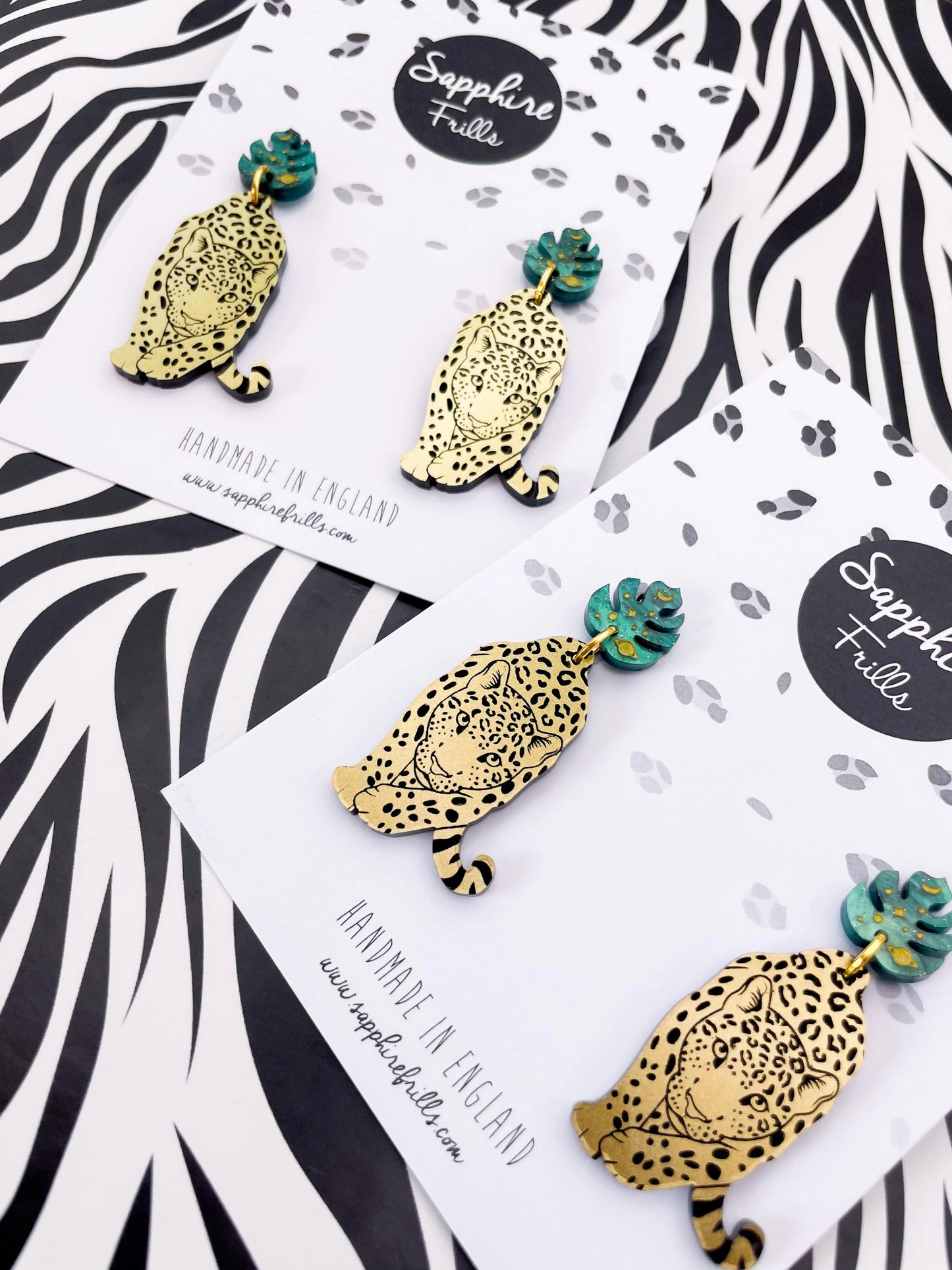 Green Galaxy Glitter Marble and Gold Acrylic Leopard Monstera Leaf Dangle Earrings from Sapphire Frills