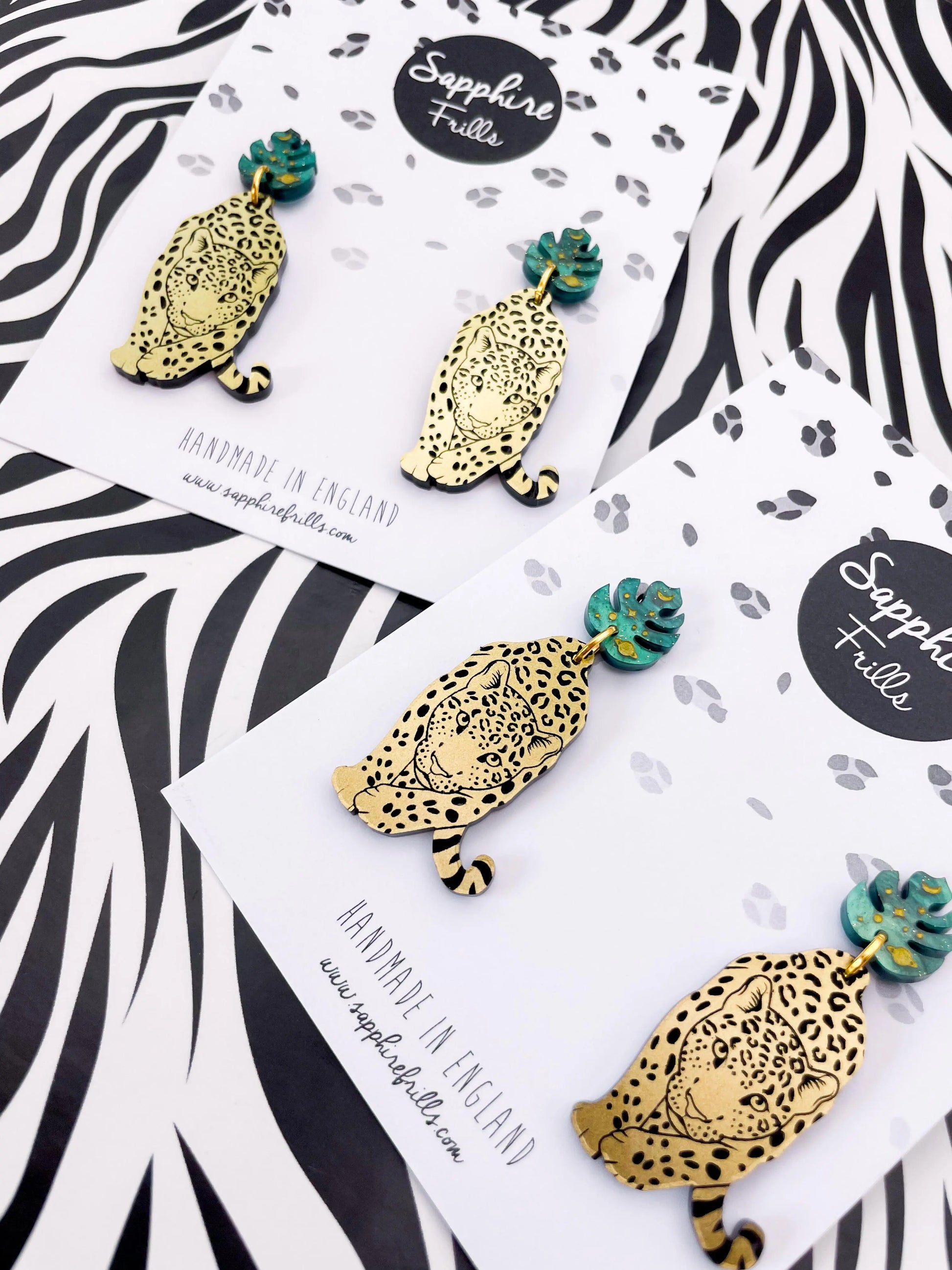 Green Galaxy Glitter Marble and Gold Acrylic Leopard Monstera Leaf Dangle Earrings from Sapphire Frills
