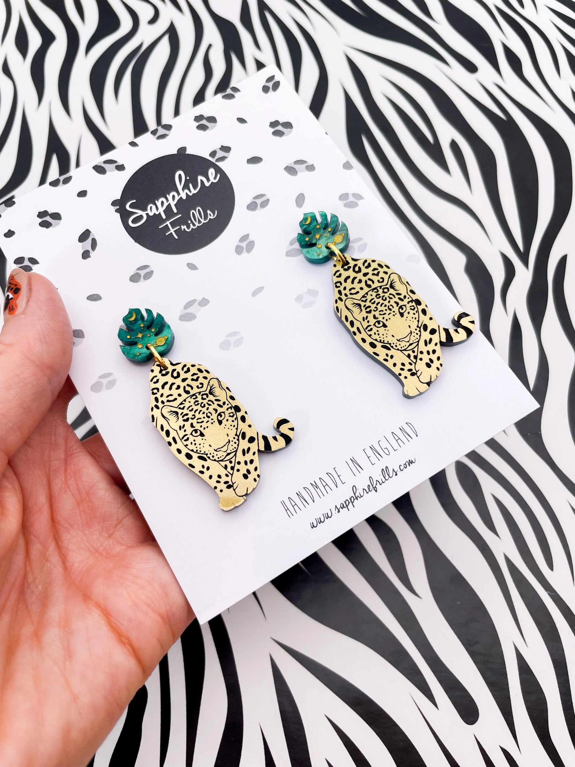 Green Galaxy Glitter Marble and Gold Acrylic Leopard Monstera Leaf Dangle Earrings from Sapphire Frills