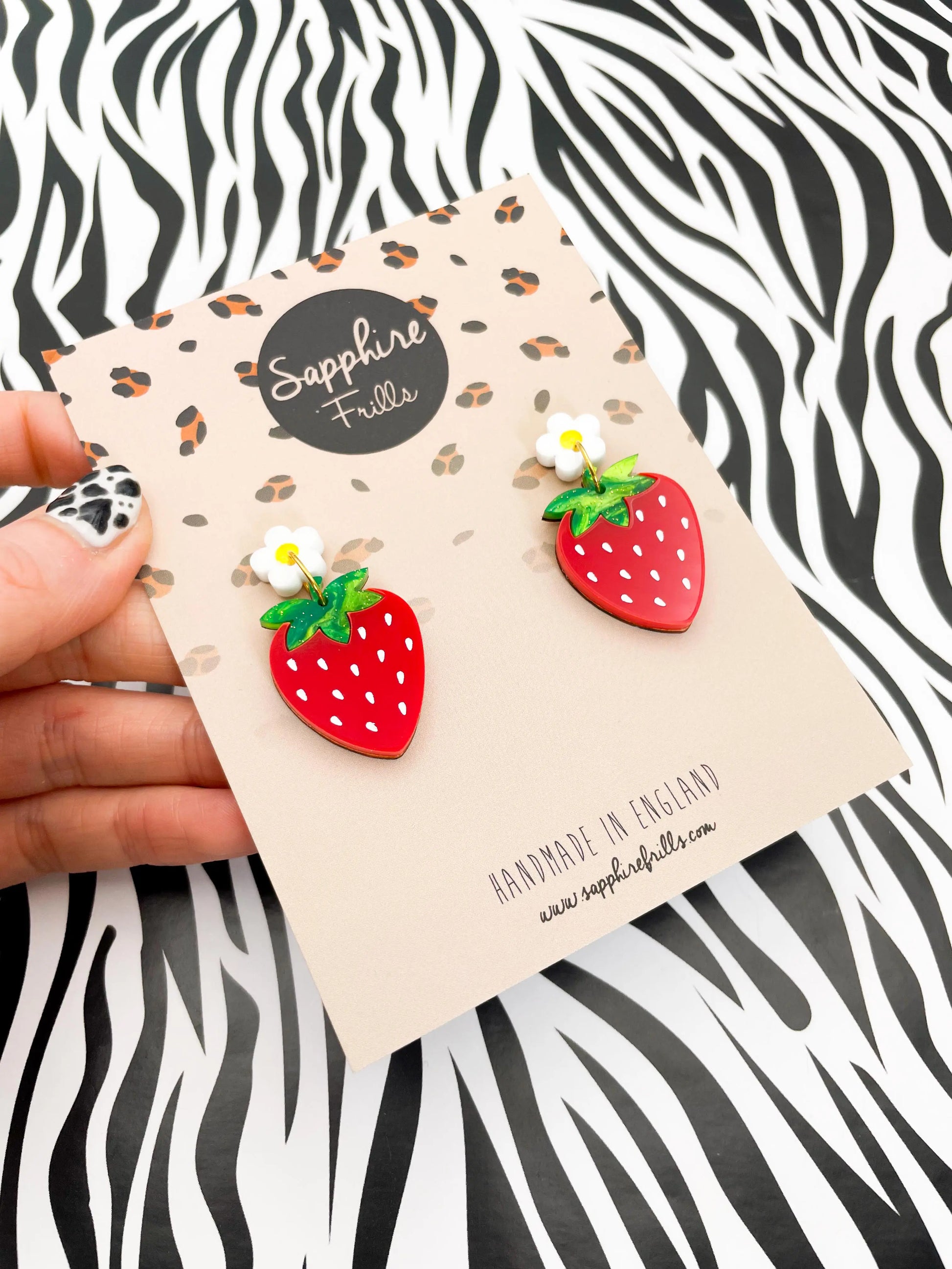 Green Glitter Marble and Red Gloss Acrylic Strawberry Flower Dangle Earrings from Sapphire Frills