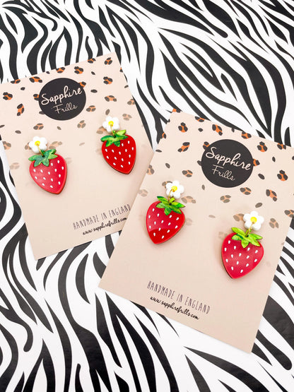 Green Glitter Marble and Red Gloss Acrylic Strawberry Flower Dangle Earrings from Sapphire Frills