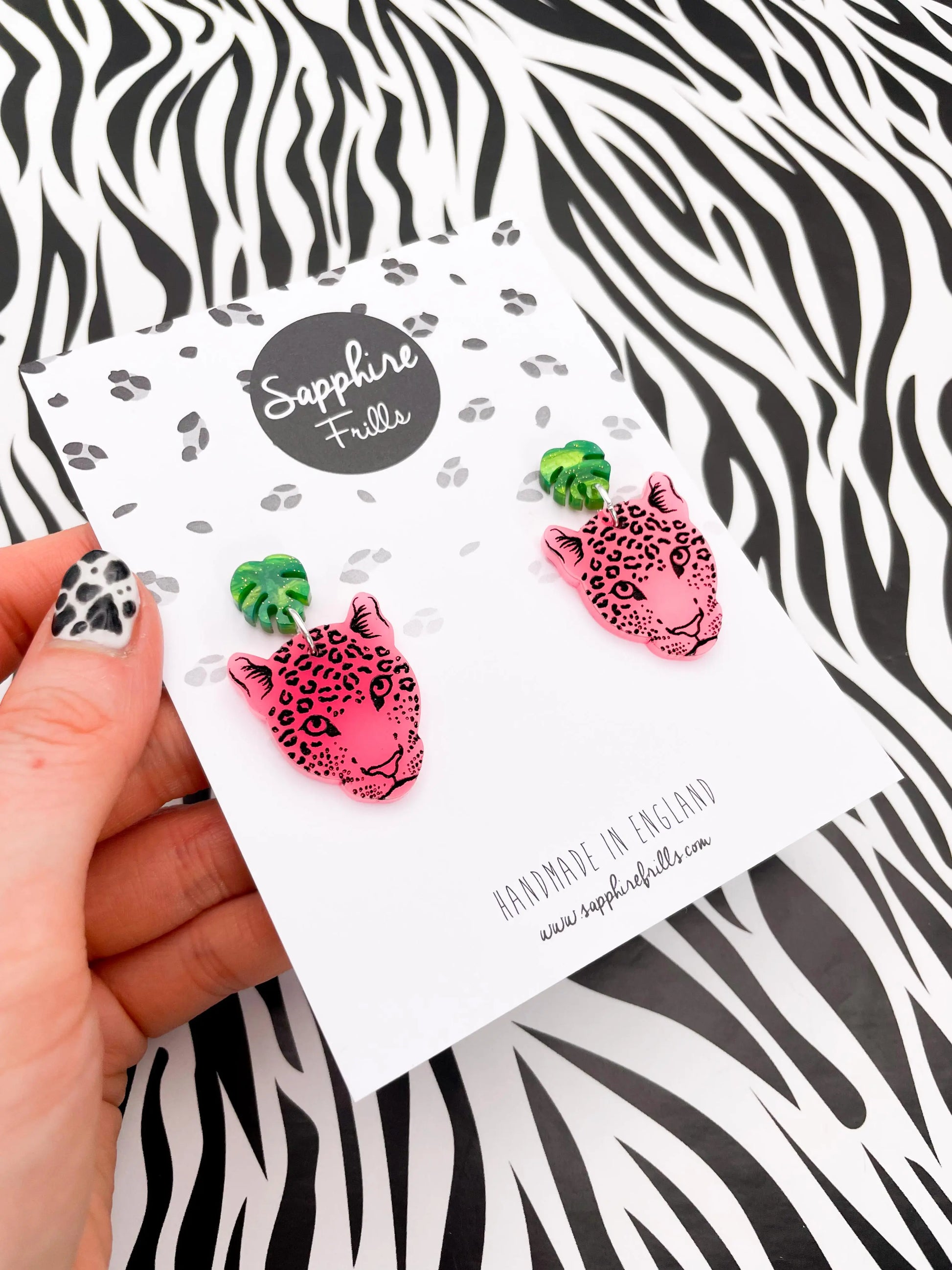 Green Marble and Neon Pink Acrylic Monstera Leaf & Leopard Face Dangle Earrings from Sapphire Frills