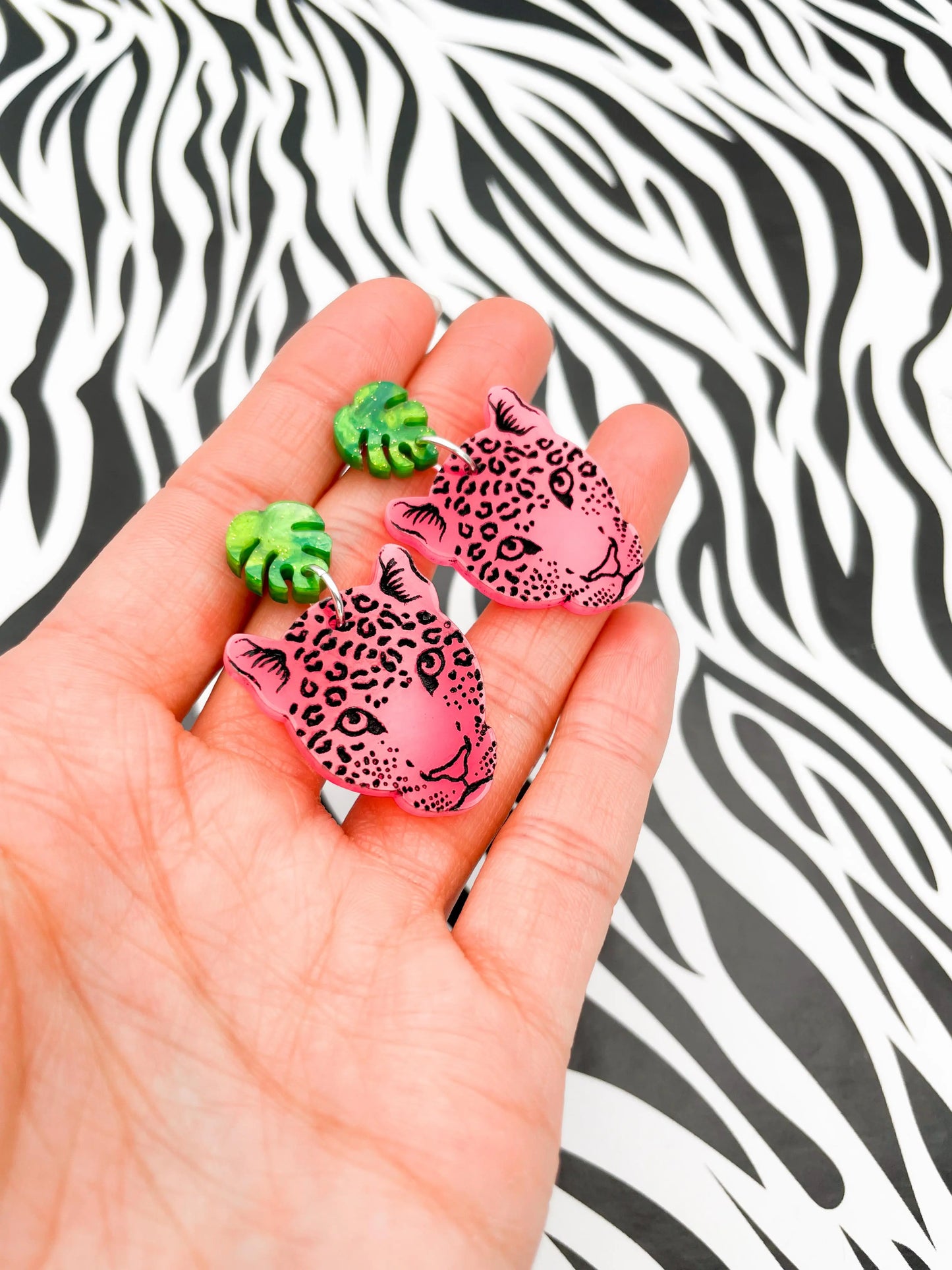 Green Marble and Neon Pink Acrylic Monstera Leaf & Leopard Face Dangle Earrings from Sapphire Frills