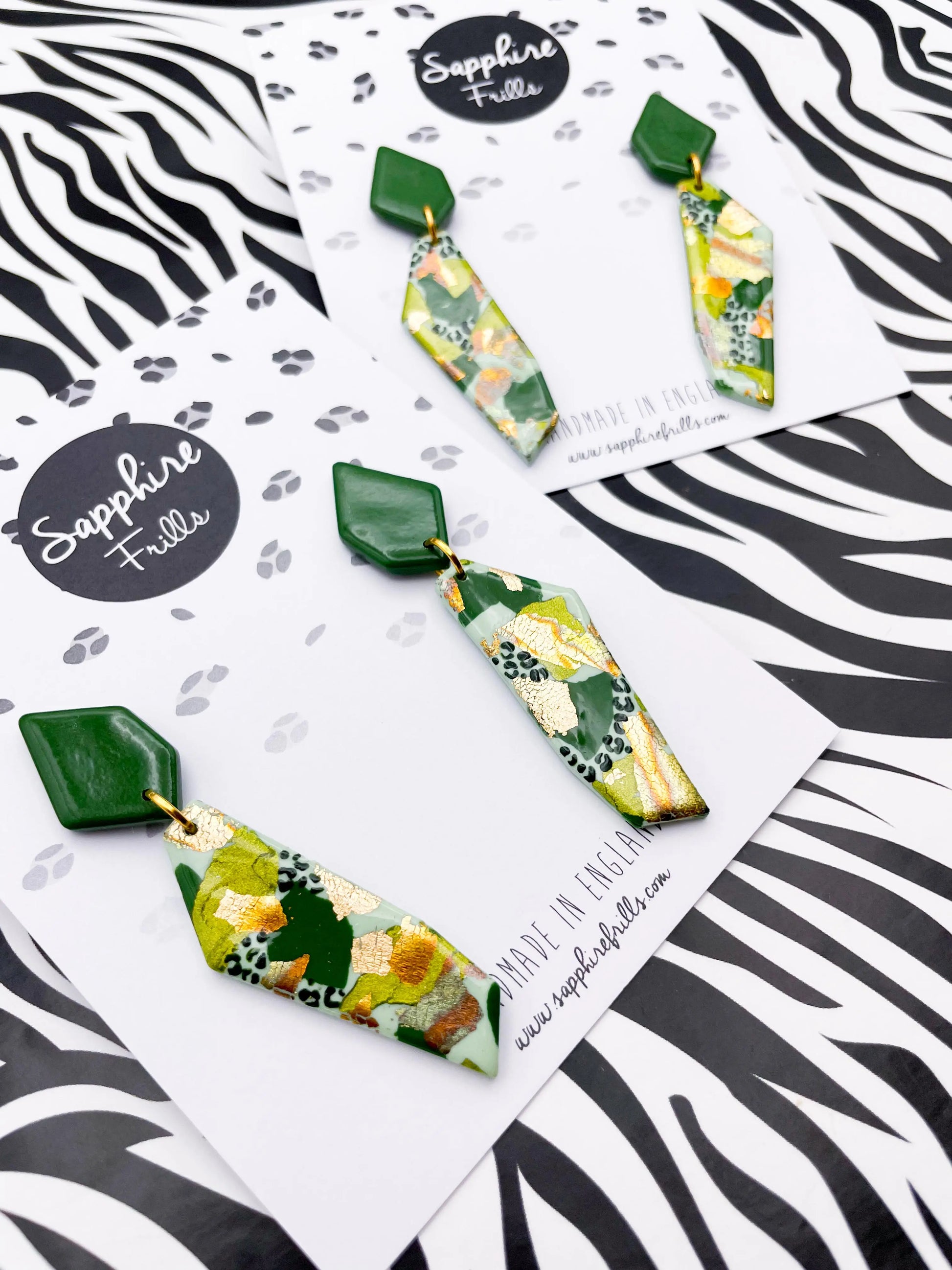 Green Smudge Print with Snake Print Foil Jungle Leopard Print Stone Dangle Earrings from Sapphire Frills