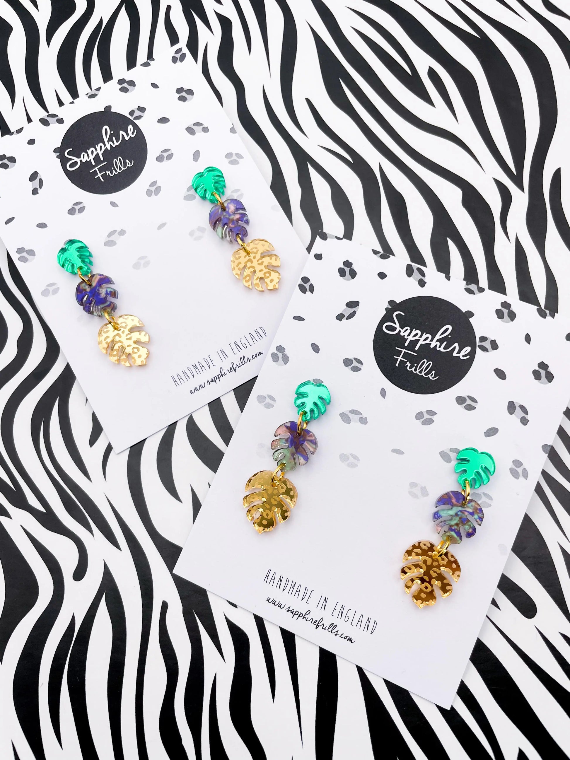 Green, Jungle Blue & Gold Leopard Acrylic Mirror Monstera Leaf Dangle Earrings from Sapphire Frills