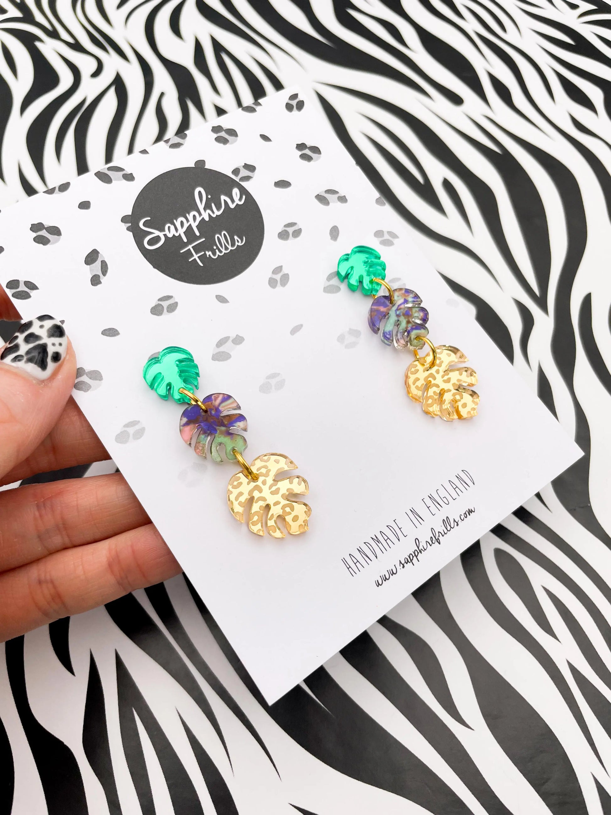 Green, Jungle Blue & Gold Leopard Acrylic Mirror Monstera Leaf Dangle Earrings from Sapphire Frills