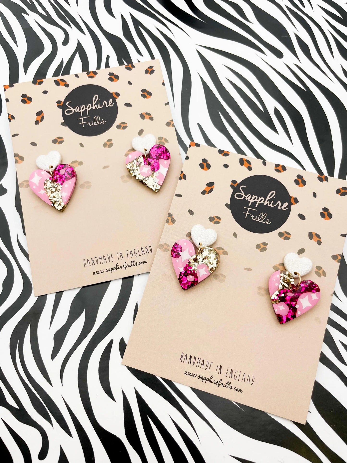 Hot Pink and Gold Glitter Star Print Resin Heart Dangle Earrings from Sapphire Frills