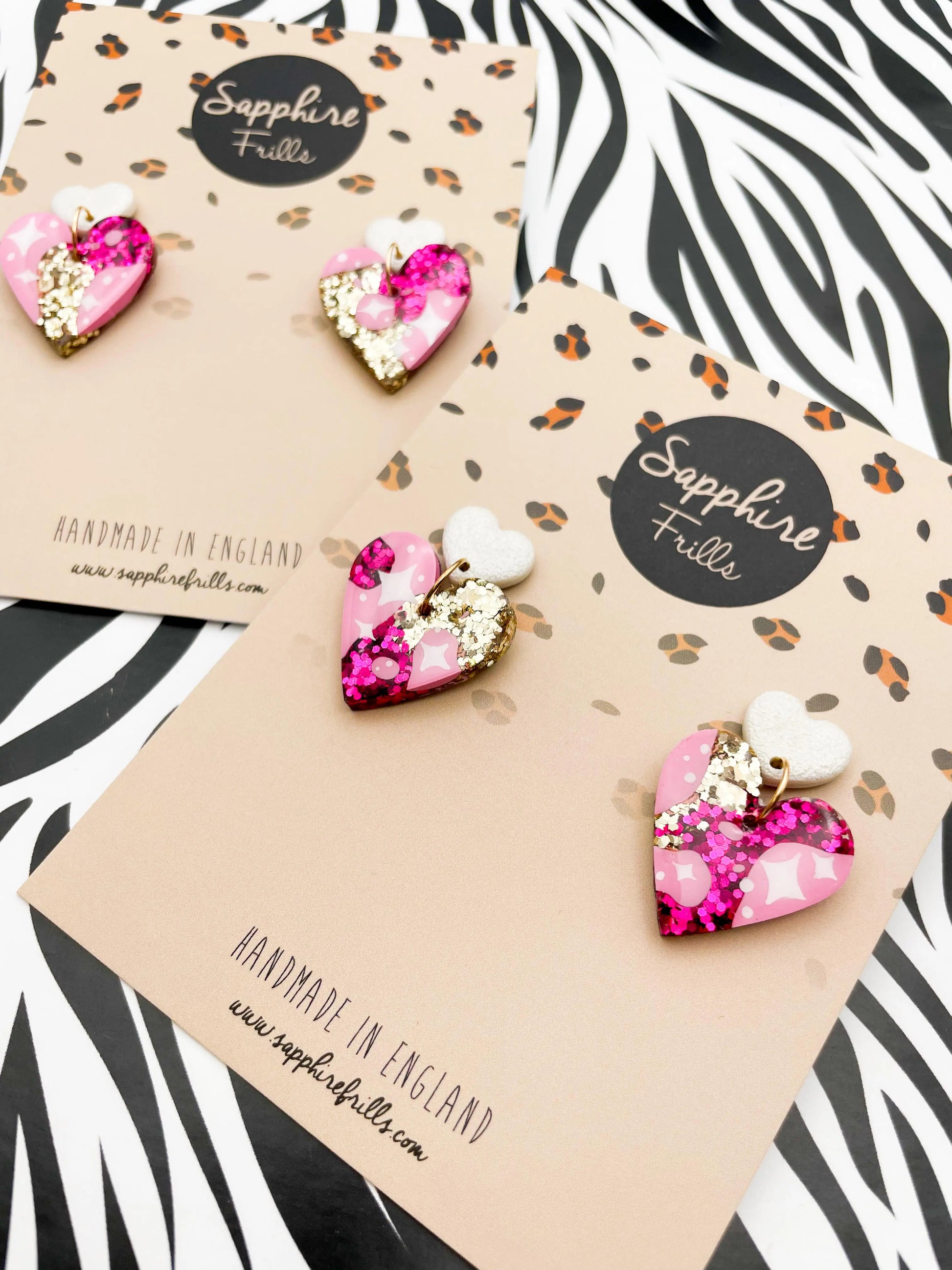 Hot Pink and Gold Glitter Star Print Resin Heart Dangle Earrings from Sapphire Frills