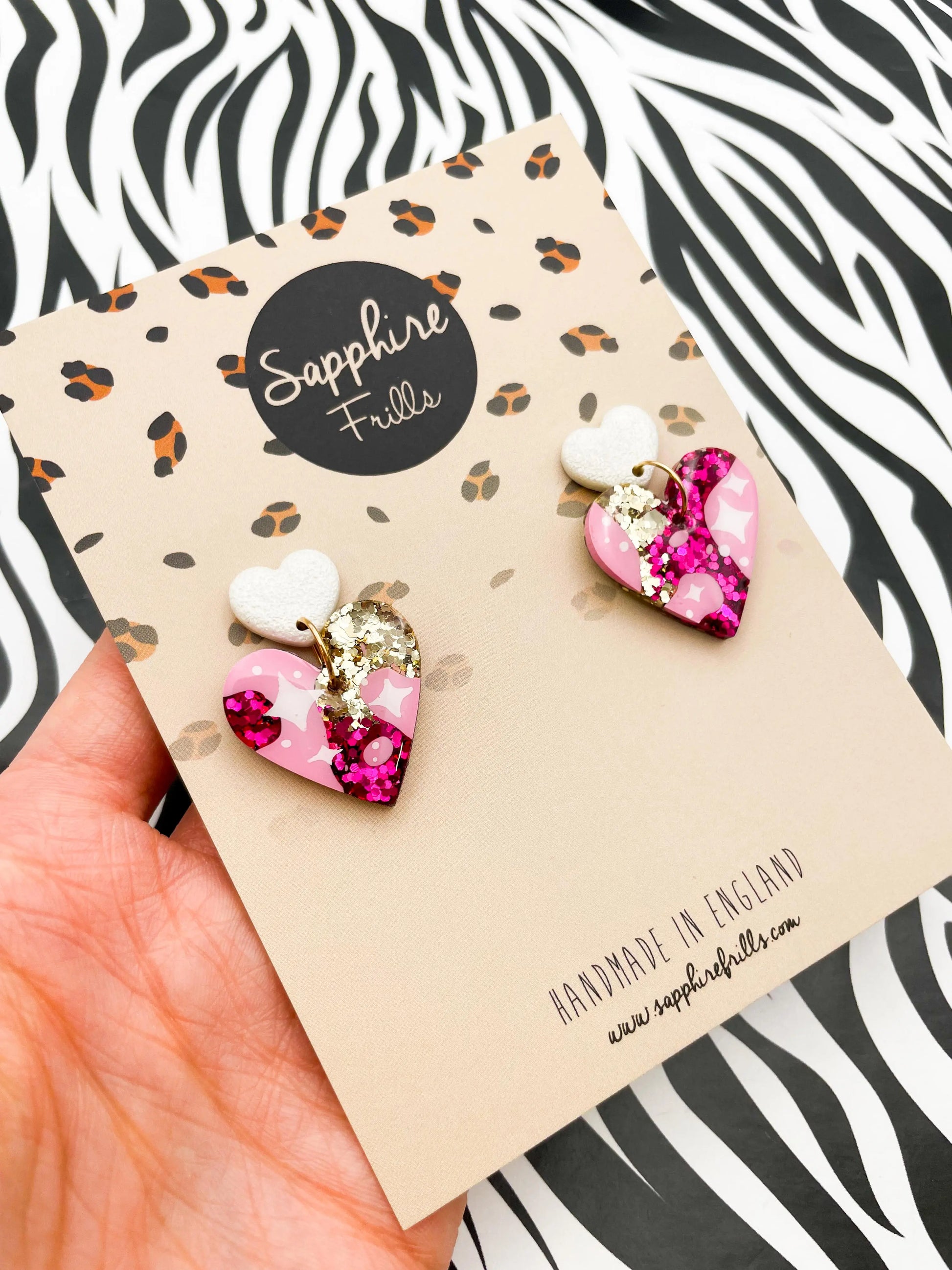 Hot Pink and Gold Glitter Star Print Resin Heart Dangle Earrings from Sapphire Frills
