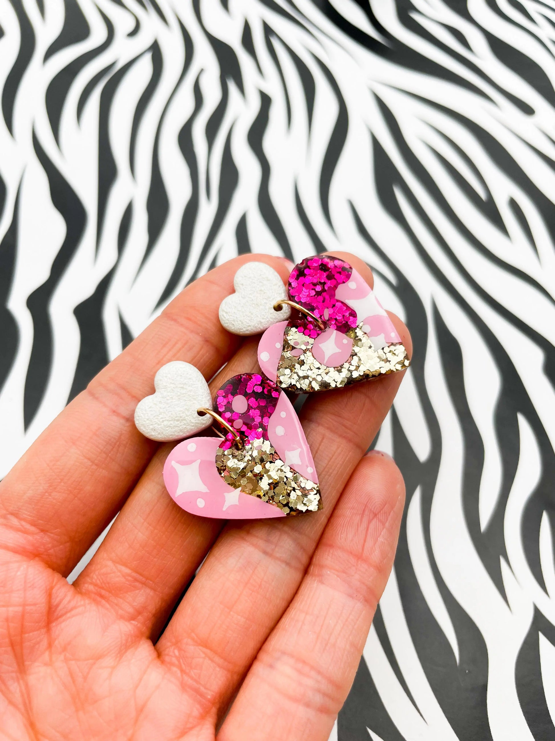 Hot Pink and Gold Glitter Star Print Resin Heart Dangle Earrings from Sapphire Frills