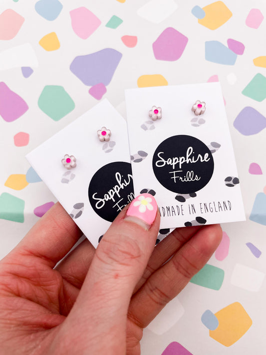 Micro Baby Pink Marble and Hot Pink Acrylic Daisy Stud Earrings – Hypoallergenic Stainless Steel