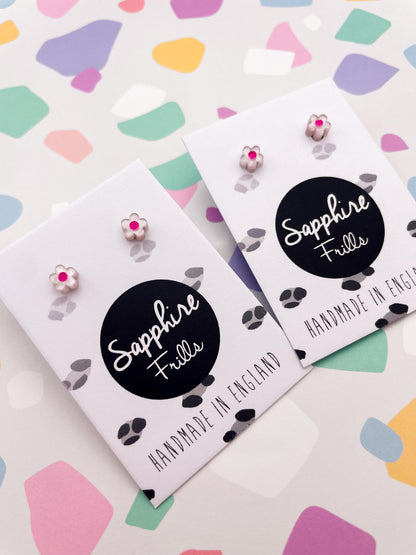 Micro Baby Pink Marble and Hot Pink Acrylic Daisy Stud Earrings – Hypoallergenic Stainless Steel