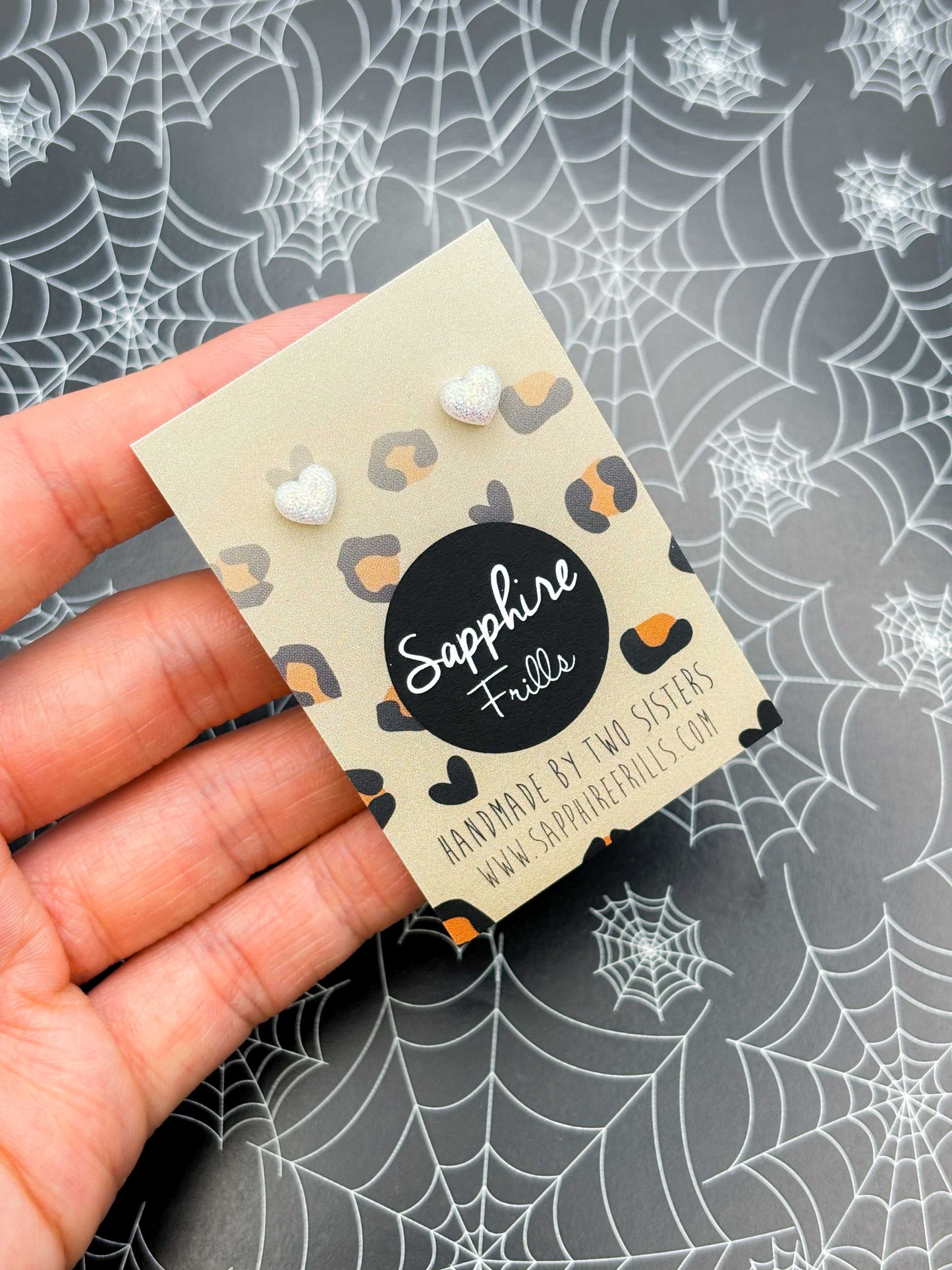 Micro Fluorescent White Glitter Heart Stud Earrings