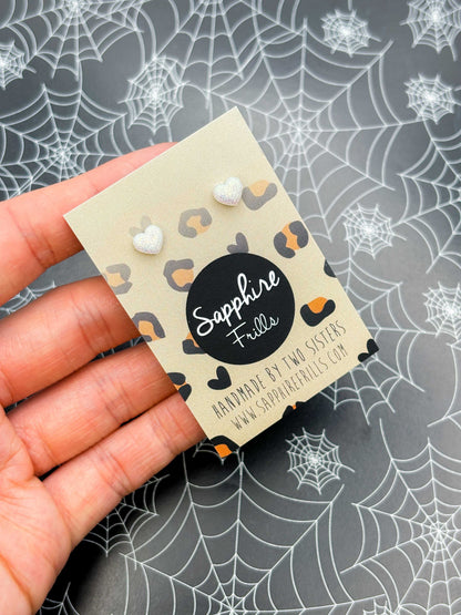 Micro Fluorescent White Glitter Heart Stud Earrings – Hypoallergenic Stainless Steel