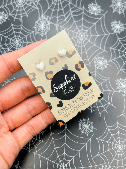 Micro Fluorescent White Glitter Heart Stud Earrings – Hypoallergenic Stainless Steel