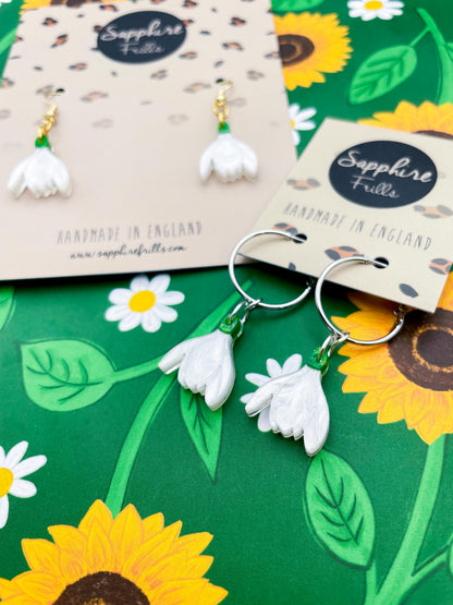 Medium White and Green Glitter Marble Acrylic Snowdrop Dangle Earrings or Necklace – Hypoallergenic Stainless Steel