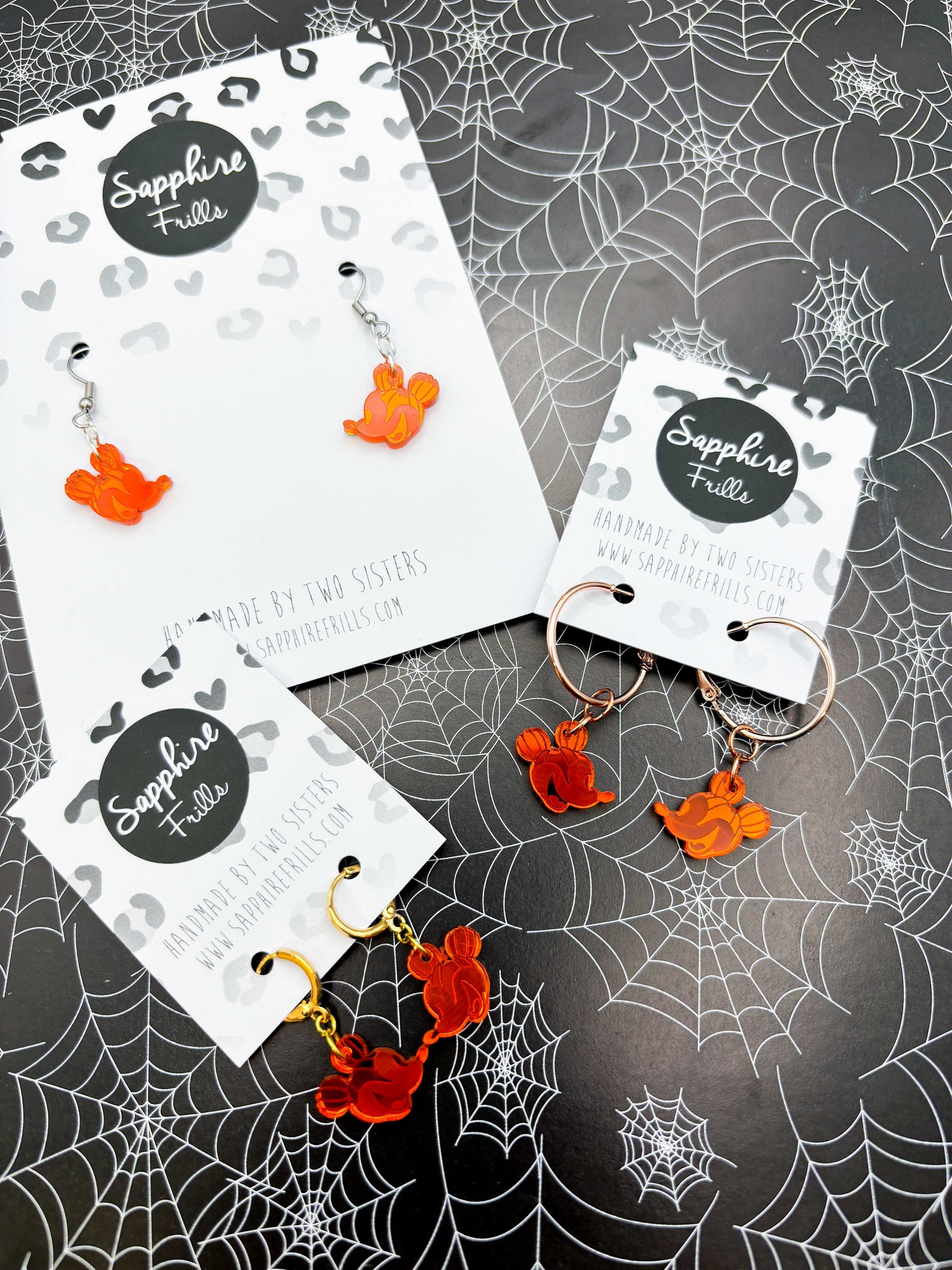 Small Orange Mirror Mickey Mouse Pumpkin Head Dangle Earrings