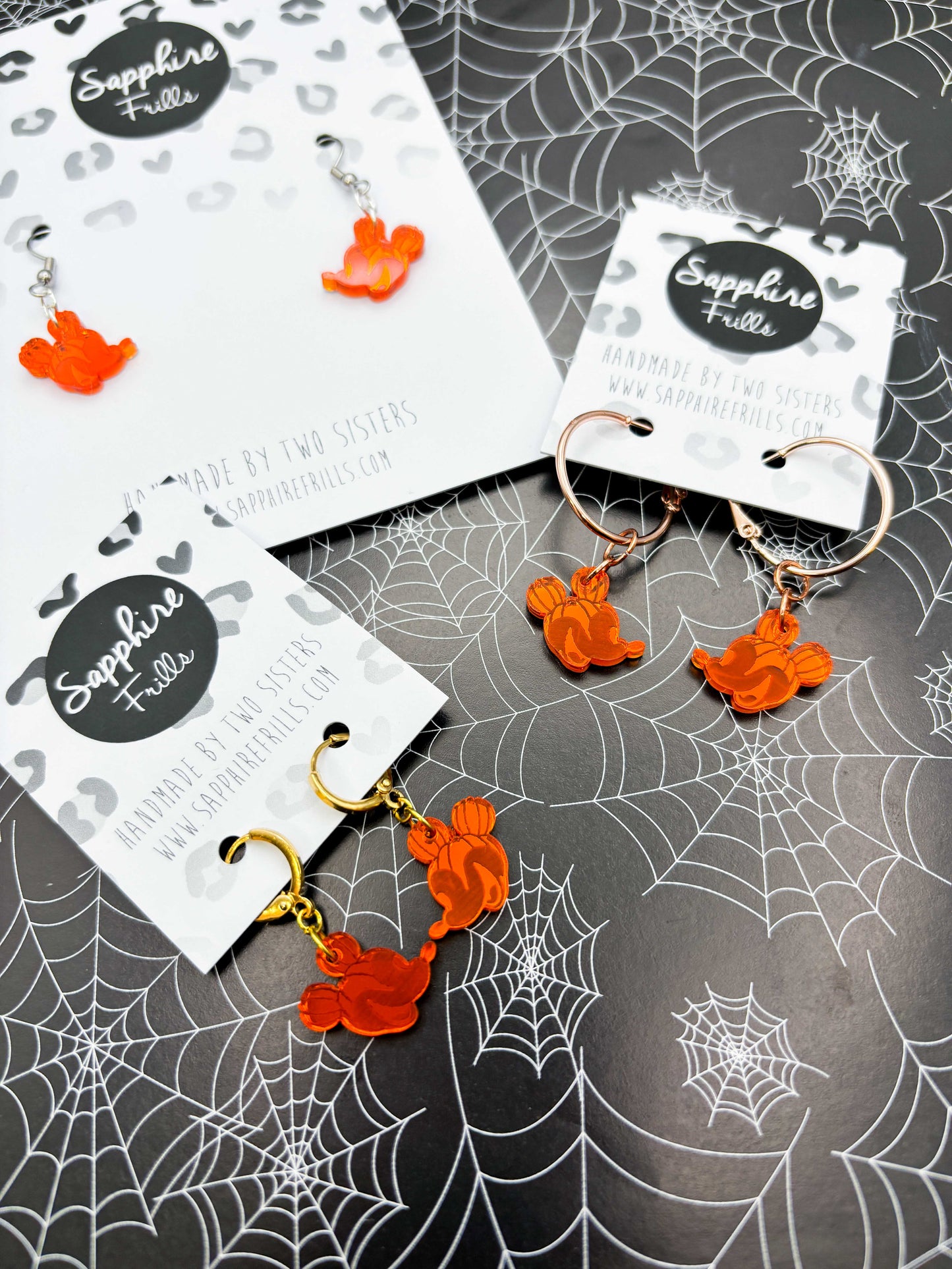 Small Orange Mirror Mickey Mouse Pumpkin Head Dangle Earrings
