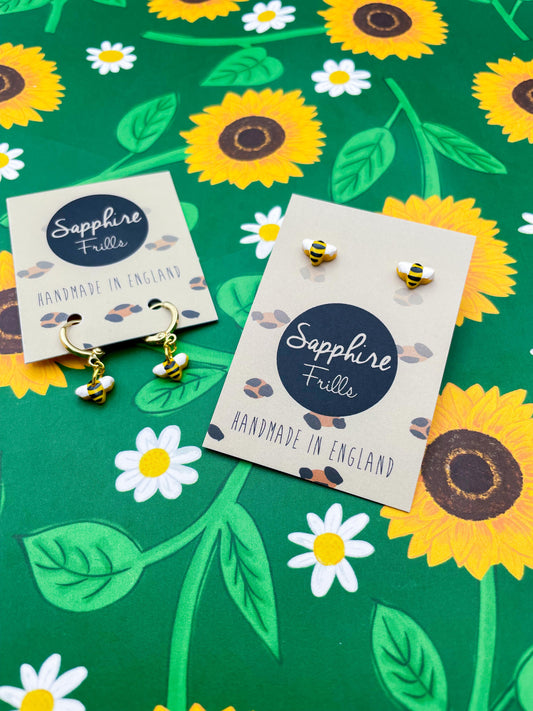 Micro Yellow Bumble Bee Stud or Dangle Earrings – Hypoallergenic Stainless Steel