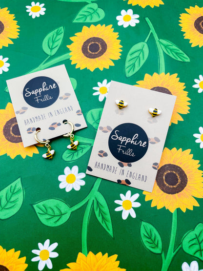 Micro Yellow Bumble Bee Stud or Dangle Earrings – Hypoallergenic Stainless Steel