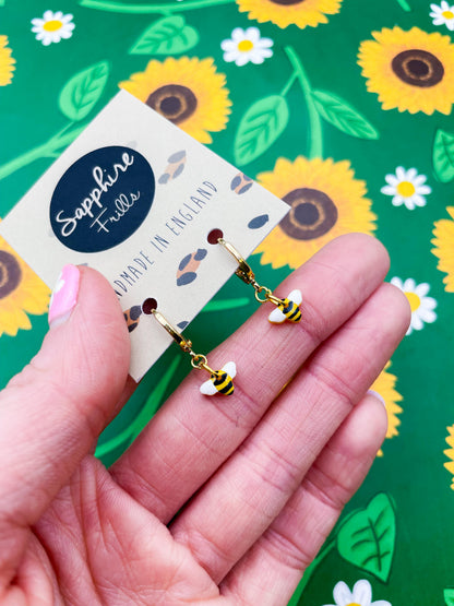 Micro Yellow Bumble Bee Stud or Dangle Earrings – Hypoallergenic Stainless Steel