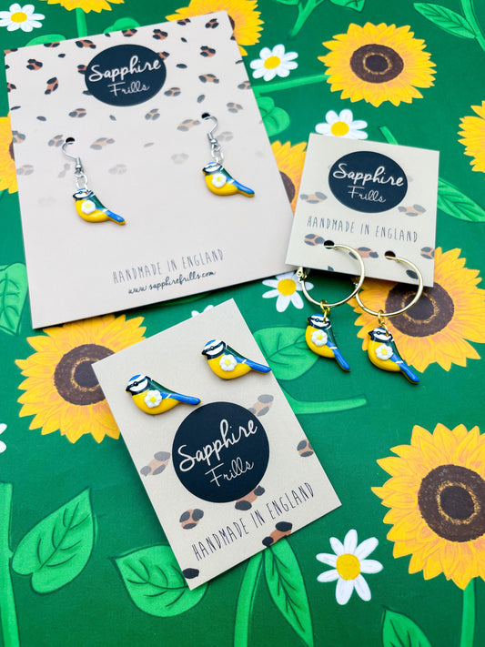 Small Yellow and White Daisy and Blue Tit Earrings or Necklace – Hypoallergenic Stainless Steel