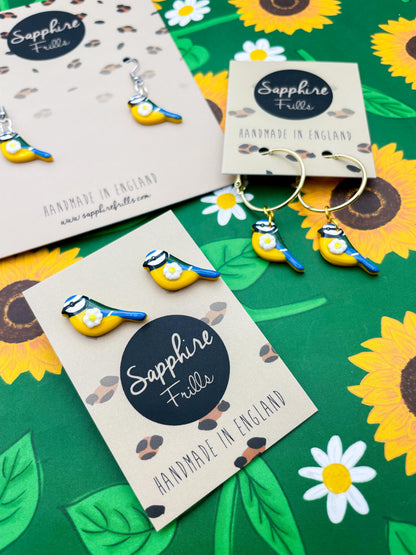 Small Yellow and White Daisy and Blue Tit Earrings or Necklace – Hypoallergenic Stainless Steel