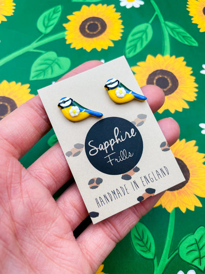 Small Yellow and White Daisy and Blue Tit Earrings or Necklace – Hypoallergenic Stainless Steel