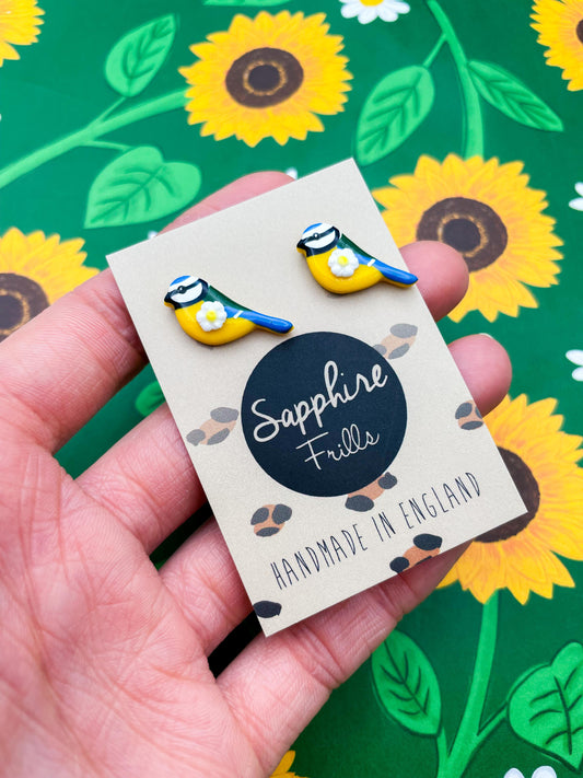 Small Yellow and White Daisy and Blue Tit Earrings or Necklace – Hypoallergenic Stainless Steel