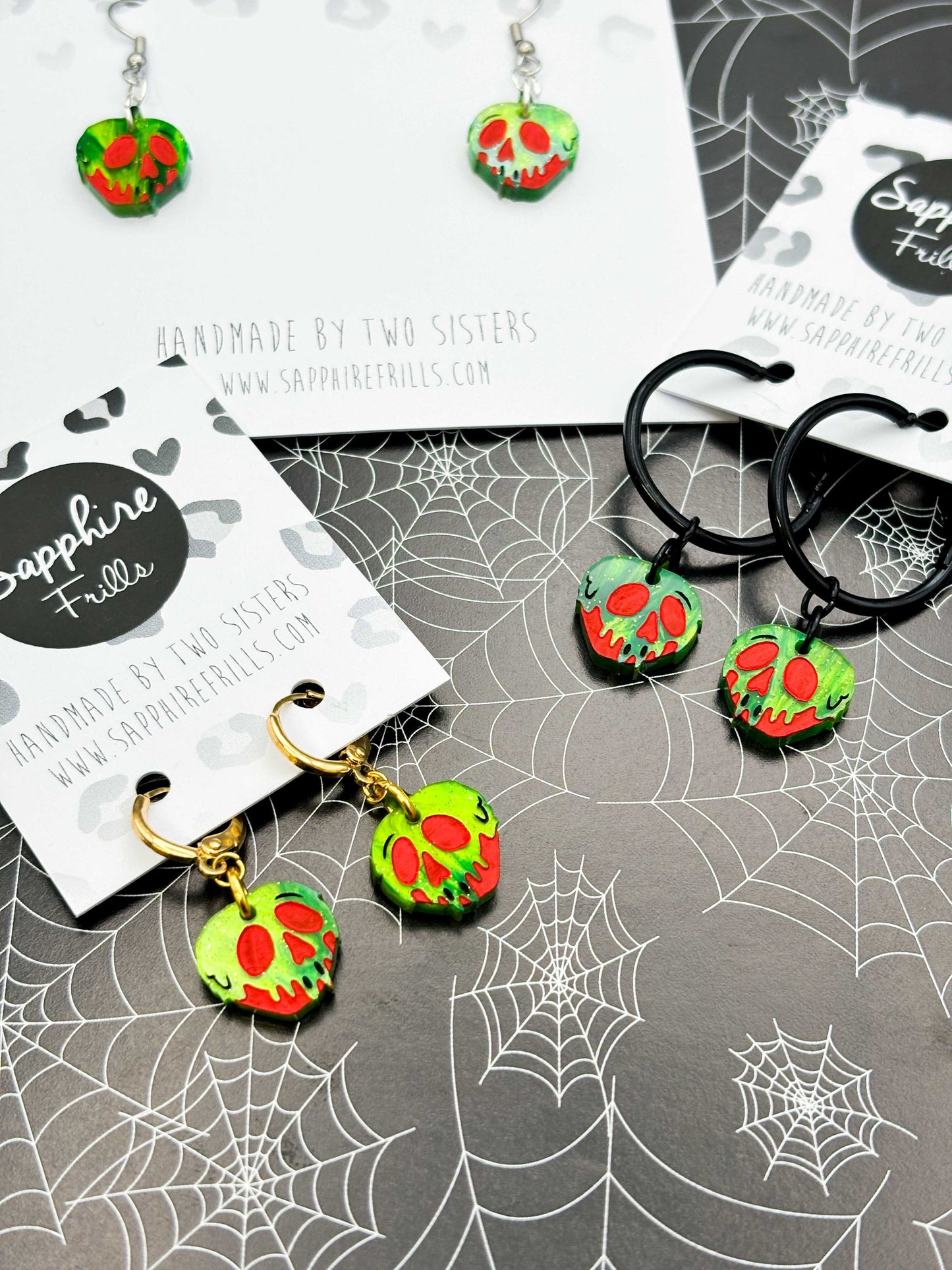 Small Red and Green Glitter Marble Acrylic Poison Apple Dangle Earrings