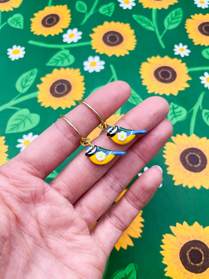 Small Yellow and White Daisy and Blue Tit Earrings or Necklace – Hypoallergenic Stainless Steel
