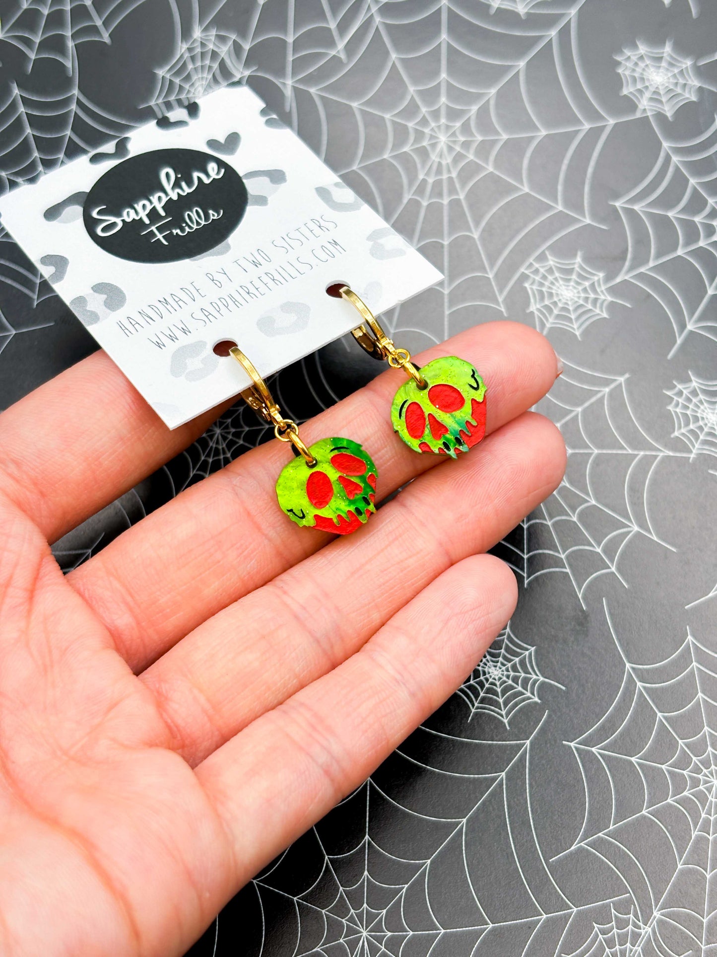 Small Red and Green Glitter Marble Acrylic Poison Apple Dangle Earrings